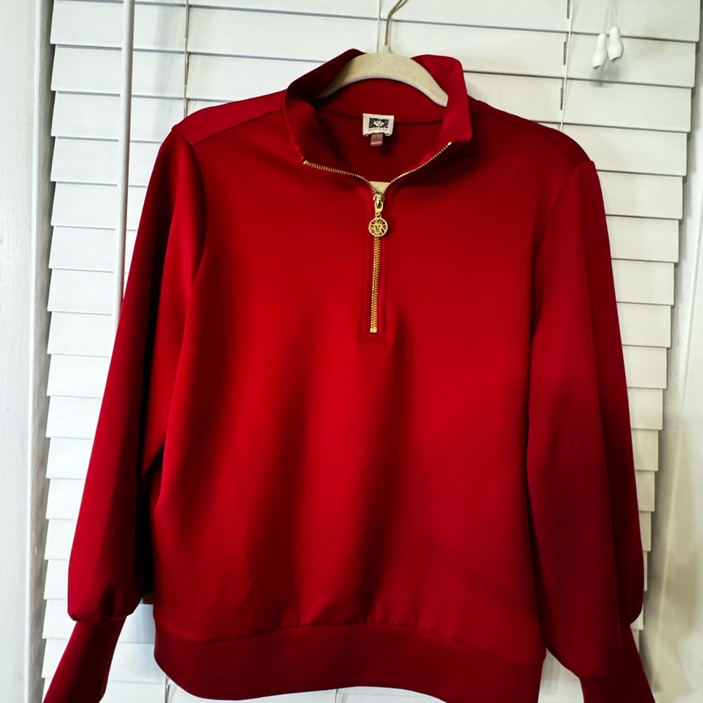 Anne Klein Woman’s Red Quarter-Zip Sweater with Gold-Tone Zipper